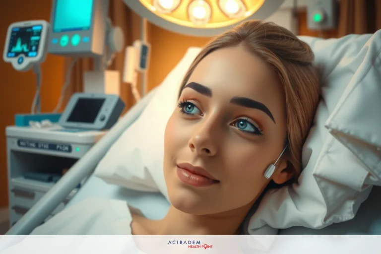 How Long Does Rhinoplasty Tip Swelling Last? A woman lying on a hospital bed. The room is well lit with modern medical equipment around her.