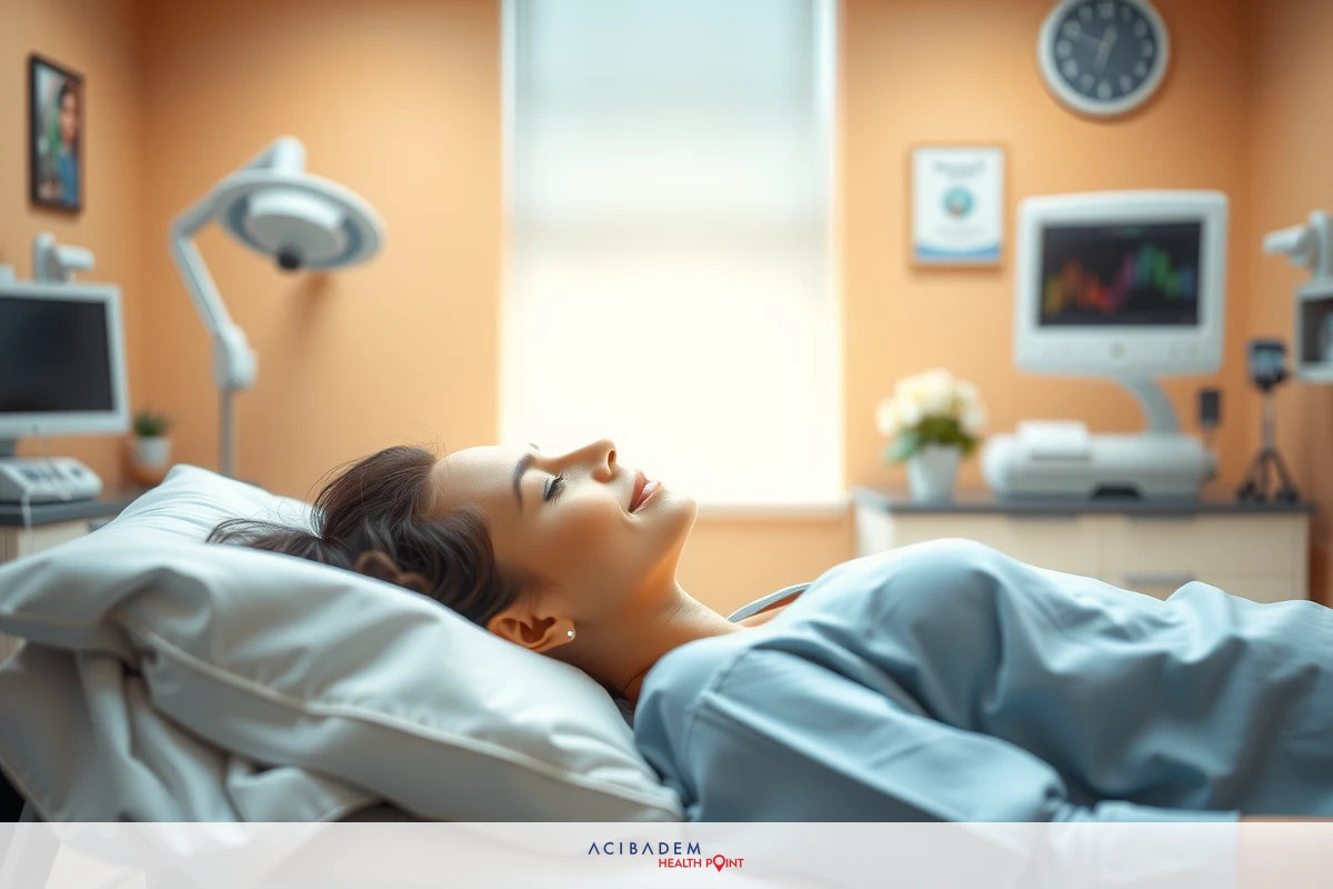 The image depicts a woman lying on a hospital bed. She is wearing a hospital gown and appears to be in the process of receiving medical care, possibly undergoing an examination or procedure as indicated by the clinical setting with medical equipment in the background.