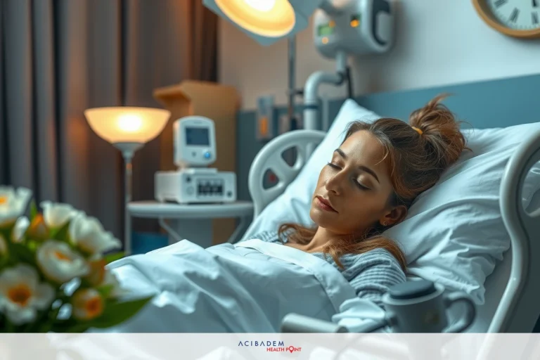 What Do They Do in Rhinoplasty In the image, a woman is lying in a hospital bed with white sheets. She appears to be resting or possibly asleep. To her side on the nightstand, there are two potted plants with green leaves adding a touch of nature to the sterile environment. The room has a clinical atmosphere typical of a medical facility with visible medical equipment.