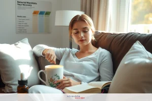 A woman in a white sweatshirt sitting on a couch, reading a book while sipping from a cup of coffee or tea. The room is well-lit with soft natural light coming through the windows.