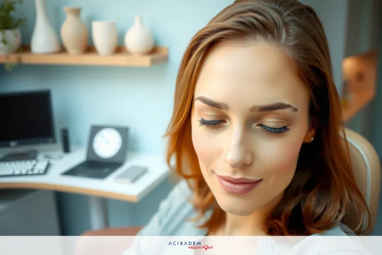The image depicts a woman in an office setting. The environment is modern with wooden shelves and a contemporary desk setup.