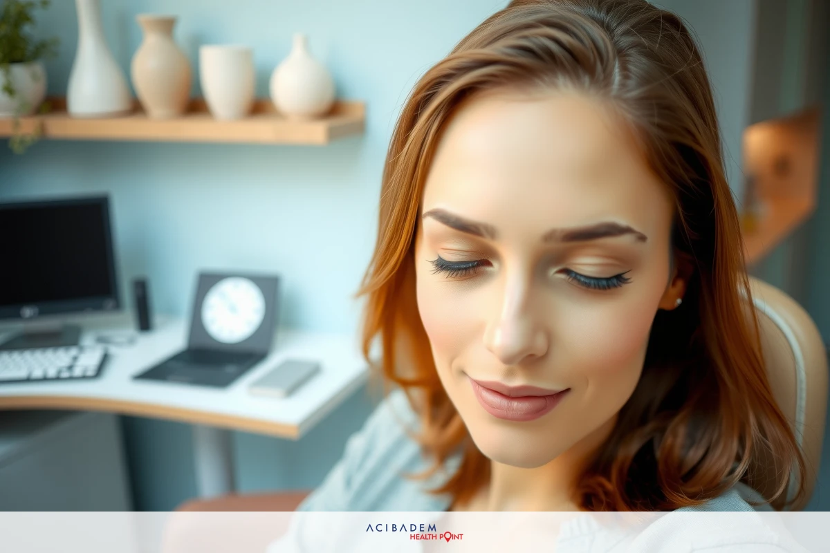 The image depicts a woman in an office setting. The environment is modern with wooden shelves and a contemporary desk setup.
