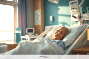 The image depicts a hospital room with sunlight coming in, showing a patient lying in bed. The patient appears to be resting or smiling, suggesting they are in a good mood or at ease. Nearby is a water bottle and some medical equipment on the wall. The environment is clean and clinical, focusing on the wellbeing of the individual in the hospital setting.