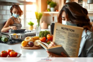 The image shows a woman in a kitchen reading from a book titled 'Nutrition' while another woman is cooking. The kitchen is well-lit and contains various items like potted plants, fruits on the counter, and a variety of ingredients suggesting preparation for a meal.