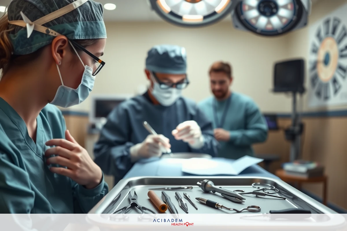 Three surgeons in sterile surgical attire, including masks and gloves, preparing for a medical procedure. The operating room environment is clearly indicated with medical equipment and a patient on the table.