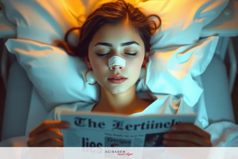 Woman lying in bed reading a newspaper. Her face is lit from below, and she appears to be focused on the newsprint. The environment is quiet and peaceful with dim lighting.