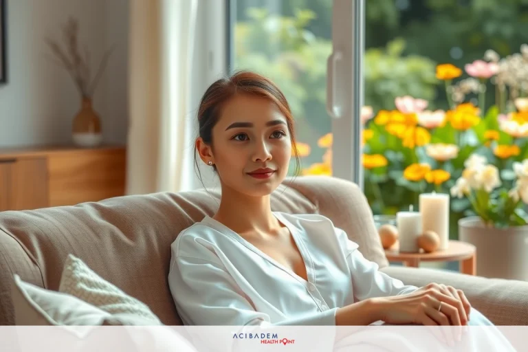 The image features a woman in a white robe sitting comfortably on a sofa. She appears relaxed and content, enjoying a moment of rest at home. The room is brightly lit, with natural light streaming through the windows that are adorned with plants adding a touch of greenery to the space.