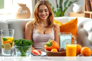A cheerful woman seated at a table filled with various fruits, vegetables and juices, enjoying a healthy meal or snack time. The image has vibrant colors, featuring fresh produce like oranges and broccoli, creating an inviting atmosphere focused on health and wellness.