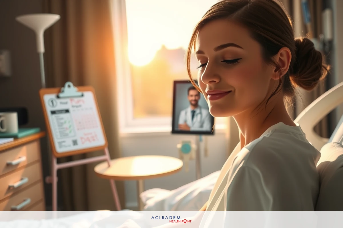 The image features a woman in a hospital room during sunset, with the warm glow of the setting sun highlighting her face and the environment. The woman has a gentle smile as she engages with him, suggesting a positive interaction possibly related to her healthcare or recovery.