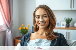 The image shows a woman seated in what appears to be a clinical or medical setting, possibly during a medical appointment. The woman has a slight smile on her face and is looking at the camera. She has a tape over her nose, which probably means she's still recovering. The environment includes typical medical furniture like a desk with some items on it and framed artwork on the wall, indicating this may be a waiting room or an office within a healthcare facility.