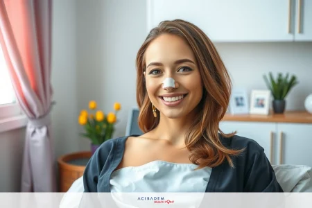 Why Does My Nose Still Look Bigger After Rhinoplasty The image shows a woman seated in what appears to be a clinical or medical setting, possibly during a medical appointment. The woman has a slight smile on her face and is looking at the camera. She has a tape over her nose, which probably means she's still recovering. The environment includes typical medical furniture like a desk with some items on it and framed artwork on the wall, indicating this may be a waiting room or an office within a healthcare facility.