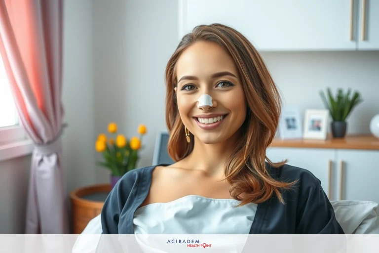 The image shows a woman seated in what appears to be a clinical or medical setting, possibly during a medical appointment. The woman has a slight smile on her face and is looking at the camera. She has a tape over her nose, which probably means she's still recovering. The environment includes typical medical furniture like a desk with some items on it and framed artwork on the wall, indicating this may be a waiting room or an office within a healthcare facility.