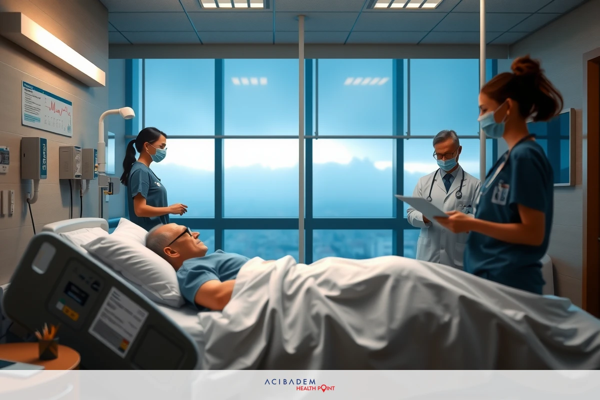 The image shows a hospital setting with multiple medical professionals. A patient is on a bed, surrounded by nurses and doctors in an examination room. There are windows offering a view of a cloudy sky, indicating it might be evening or overcast weather.
