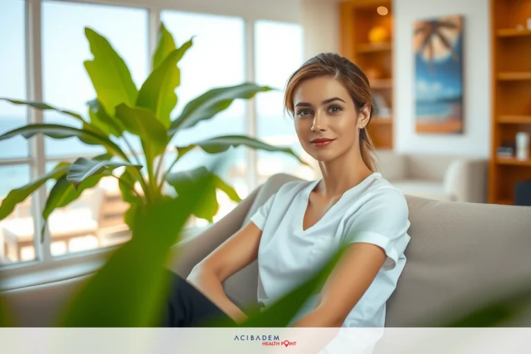 A woman in a white top seated on a couch, surrounded by indoor plants. She has dark hair and is looking directly at the camera with a slight smile.