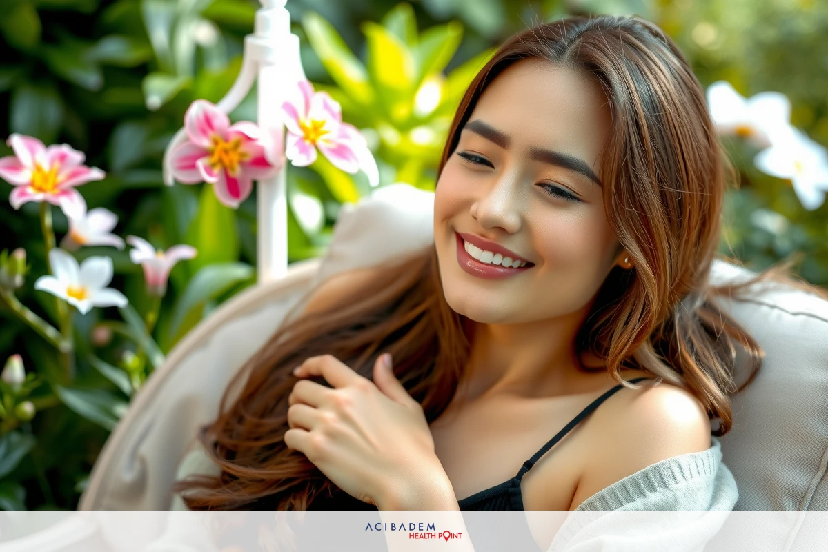 The image shows a woman smiling and looking away from the camera. She is seated in what appears to be an outdoor setting with greenery, likely a garden or park, as indicated by potted plants and flowers in the background. The woman has long hair and is wearing a top that suggests a casual, relaxed atmosphere. The colors in the image are natural and soft, with pastel tones dominating the scene.