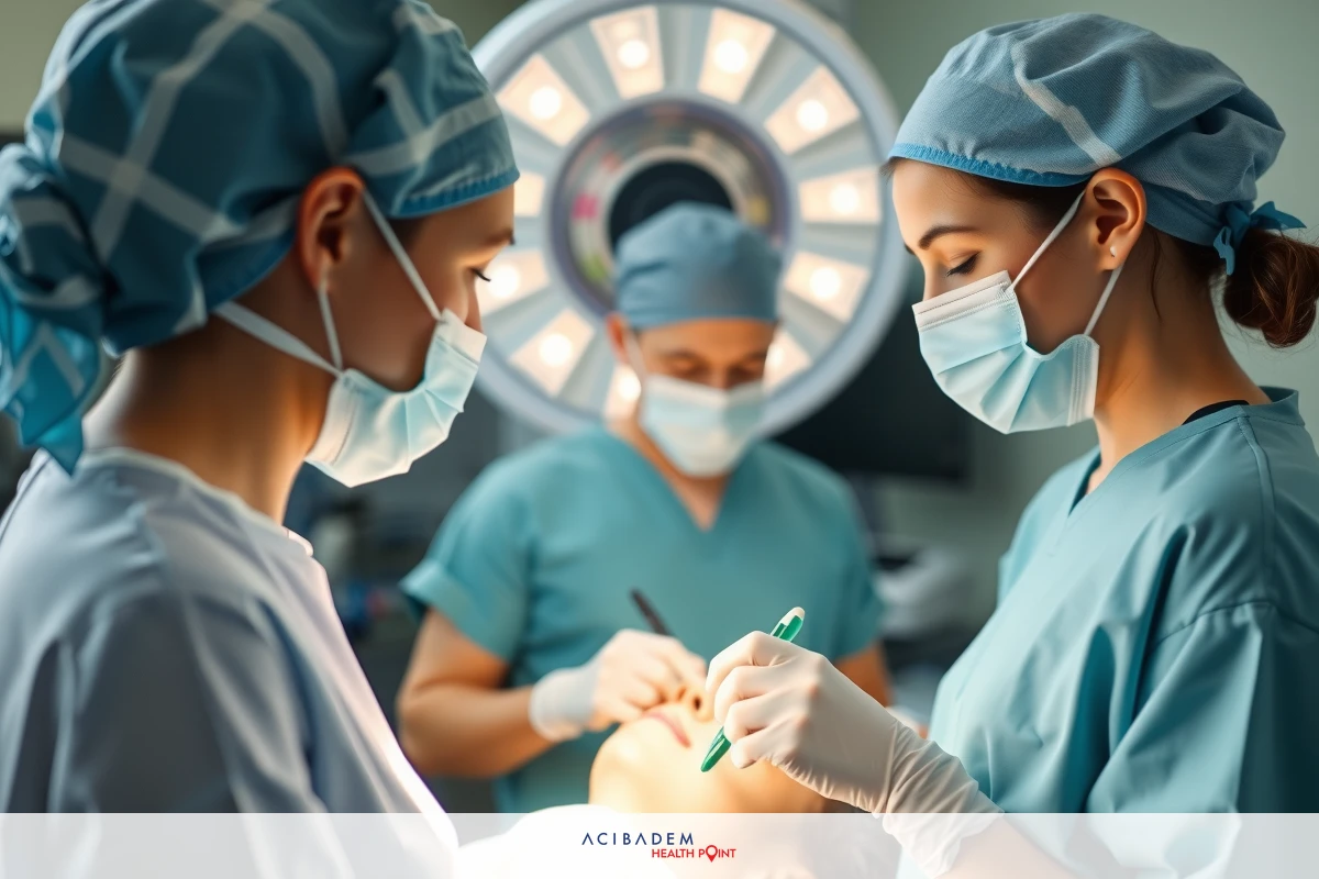 There is a medical setting where three healthcare professionals are engaged in patient care. They are all wearing surgical attire and face masks, indicating they are following strict hygiene protocols. The environment includes medical equipment such as an operating lamp on a stand, which is illuminating the area for precision work.