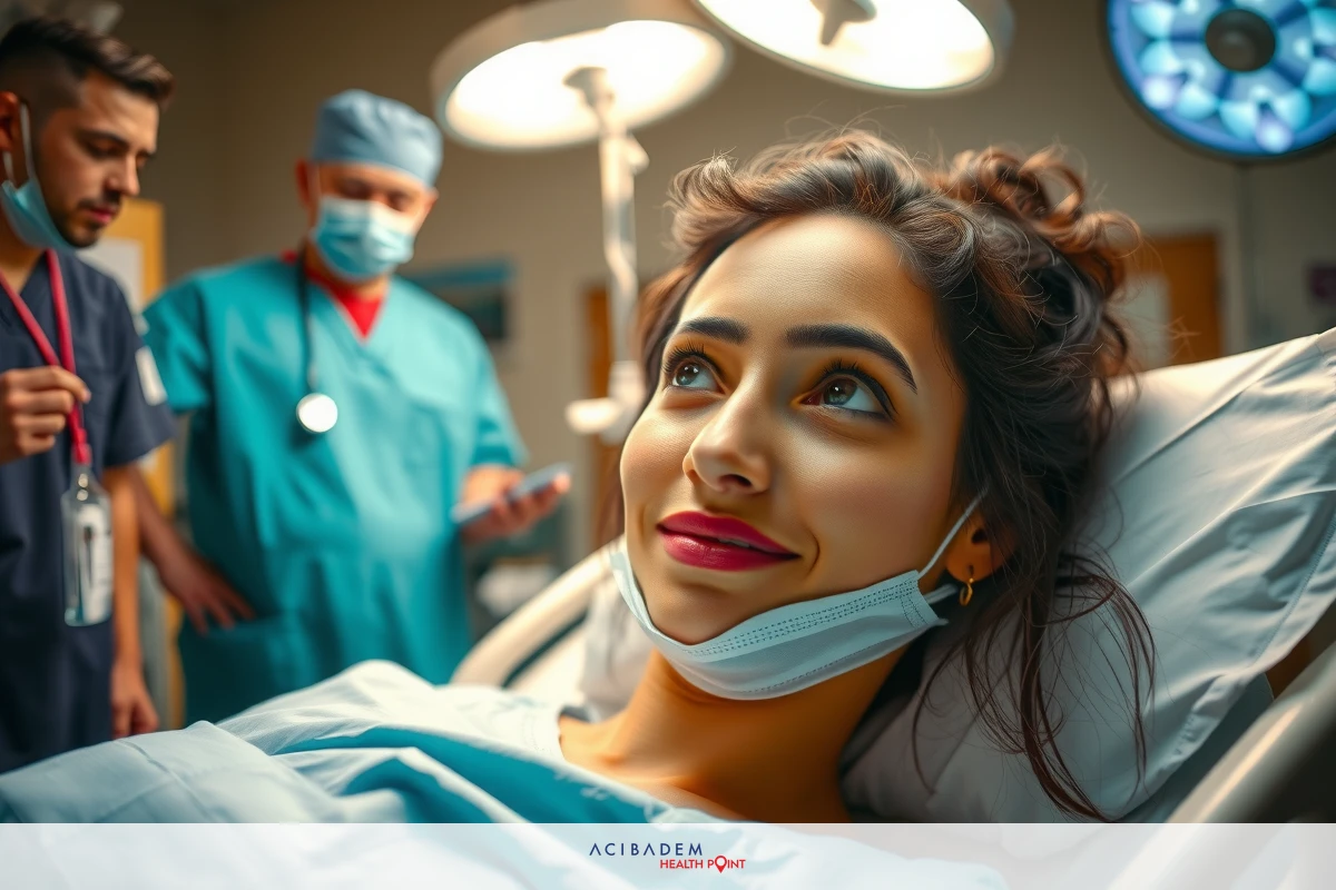 In a brightly lit medical setting, a woman is lying on her back on an operating table. She's smiling and looking up towards the ceiling, appearing to be in good spirits or perhaps even amused by the situation. To her right, two hospital staff members are present; one wearing blue scrubs and the other wearing surgical attire. They seem focused on their tasks but also aware of the woman's reassuring presence.