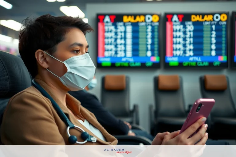 A medical professional wearing a mask is sitting in an airport terminal. The person has on a white face mask and is looking at a smartphone, with multiple screens showing flight information behind them. The environment suggests the scene takes place in a busy travel hub where people are waiting for their flights.