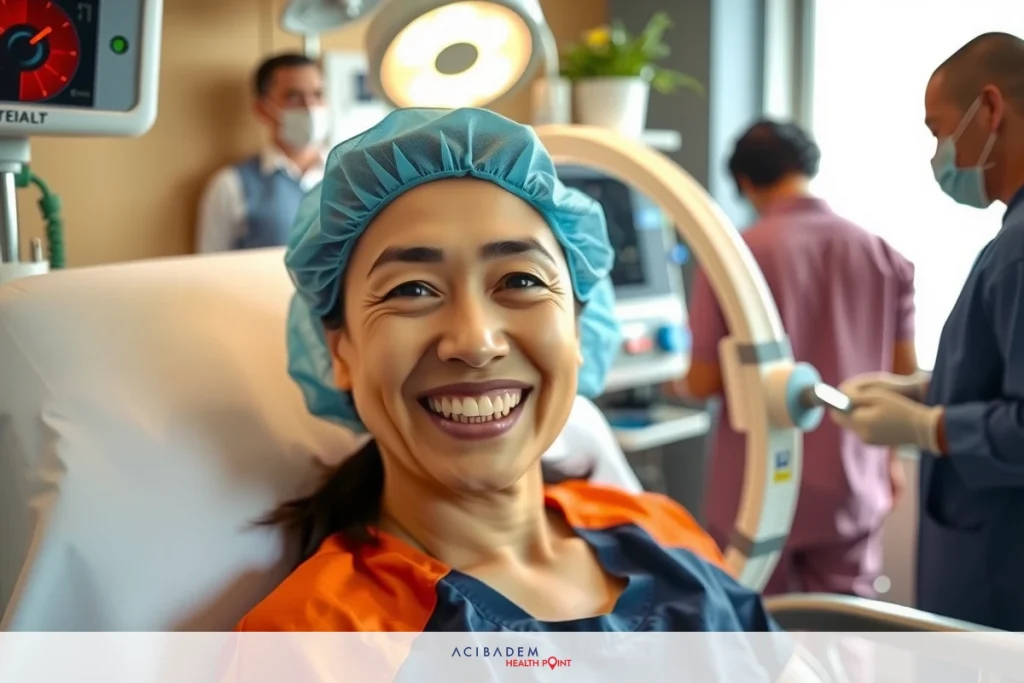 The image depicts a woman in a medical setting, possibly an operating room. Wearing surgical gowns and is smiling at the camera with a positive expression. There are healthcare professionals behind her who appear to be focused on their work. The environment suggests a sterile medical environment with various pieces of equipment visible.