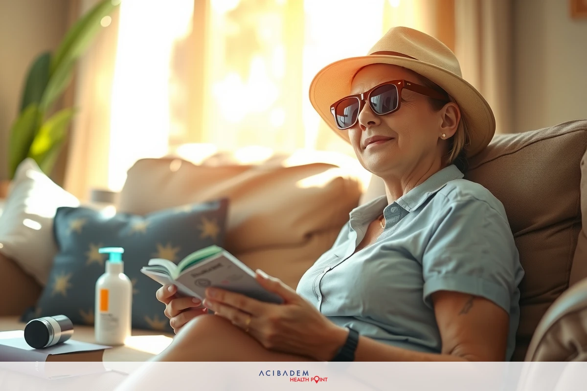 An elderly woman relaxing in a sunlit living room, wearing sunglasses and reading a book while seated on a sofa with her legs crossed. The atmosphere is warm and inviting.