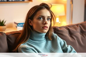 The image features a woman sitting on a couch, dressed in a light blue turtleneck. Her expression appears thoughtful or contemplative, with her lips slightly parted as if she is deep in thought. The room has warm lighting and there's a potted plant nearby.