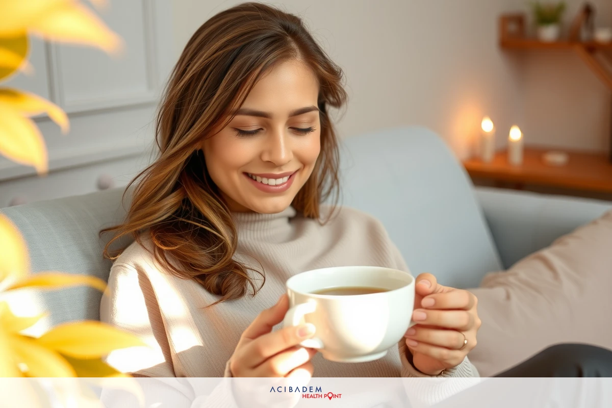 A woman is sitting comfortably on a couch, holding a cup of tea. She has a warm smile on her face, suggesting she's relaxed and enjoying the moment. The background features a plant with yellow leaves, adding a touch of nature to the indoor setting.