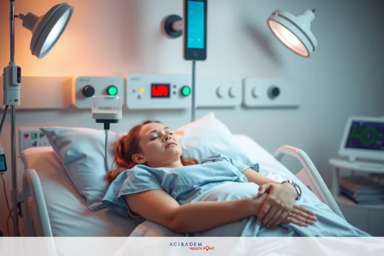 What is Recovery Time for Rhinoplasty Surgery A woman lying in a hospital bed, with medical equipment and monitors around her. She appears to be receiving medical treatment or under observation.