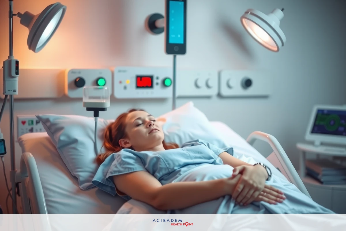 A woman lying in a hospital bed, with medical equipment and monitors around her. She appears to be receiving medical treatment or under observation.