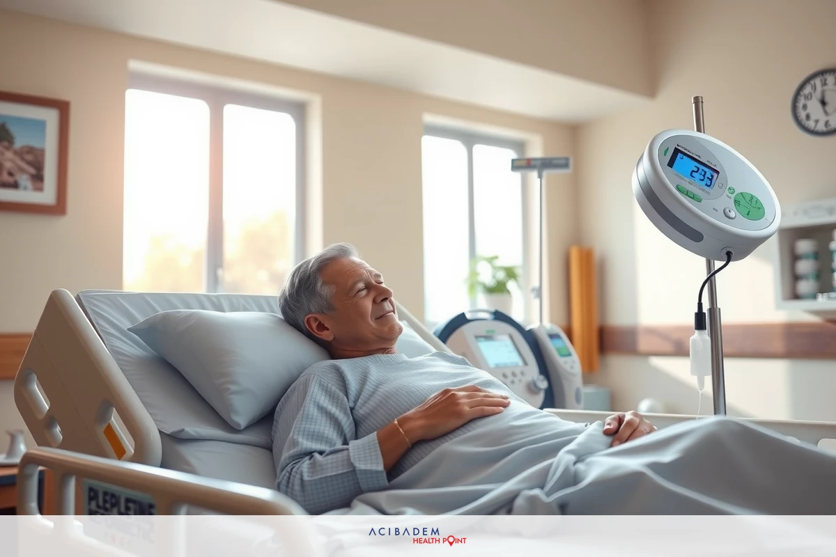 The image shows an older man lying in a hospital bed with medical equipment around him. The room has standard hospital decor and equipment such as a heart rate monitor and a blood pressure cuff.