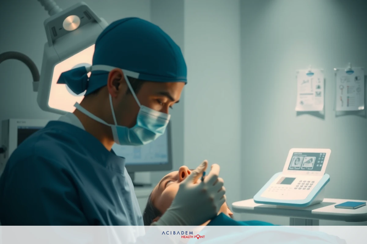 The image shows a surgeon in an operating room, wearing surgical attire and a mask. The room is equipped with medical equipment typical of a surgical environment, including lights, a surgical table, monitors displaying vital signs, and various tools necessary for the operation.