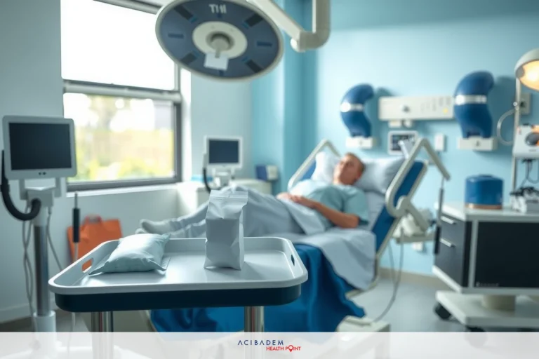 The image shows a hospital setting with a patient lying in bed. The patient is under observation with medical equipment around them. The room suggesting it's a clinical or intensive care environment. There are blues and whites present, which is typical of sterile medical environments. The overall atmosphere appears calm and focused on the patient's well-being.