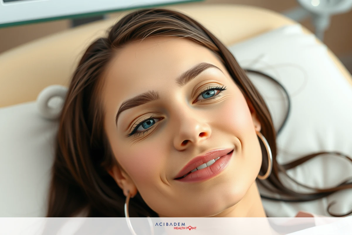 A woman lying on her back, wearing large round earrings. She has brown hair, blue eyes, and looks relaxed indoors with natural light.