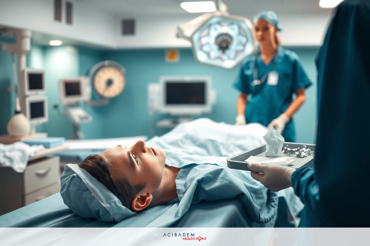 Surgical scene in an operating room with medical professionals attending to a patient undergoing surgery. The patient is lying on the operating table, covered with sterile covers and surrounded by various medical equipment.