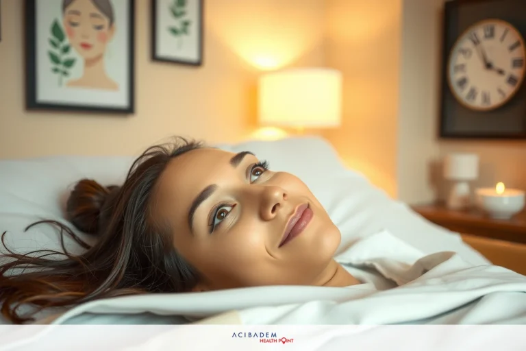 The image shows a woman lying on her back, her head turned and looking up at the camera. She appears to be in a bedroom setting, as suggested by items such as a clock and framed artwork visible in the background. The woman has long hair that is partially spread out over the pillows. Her facial expression conveys curiosity or fascination. There are no texts present in the image.