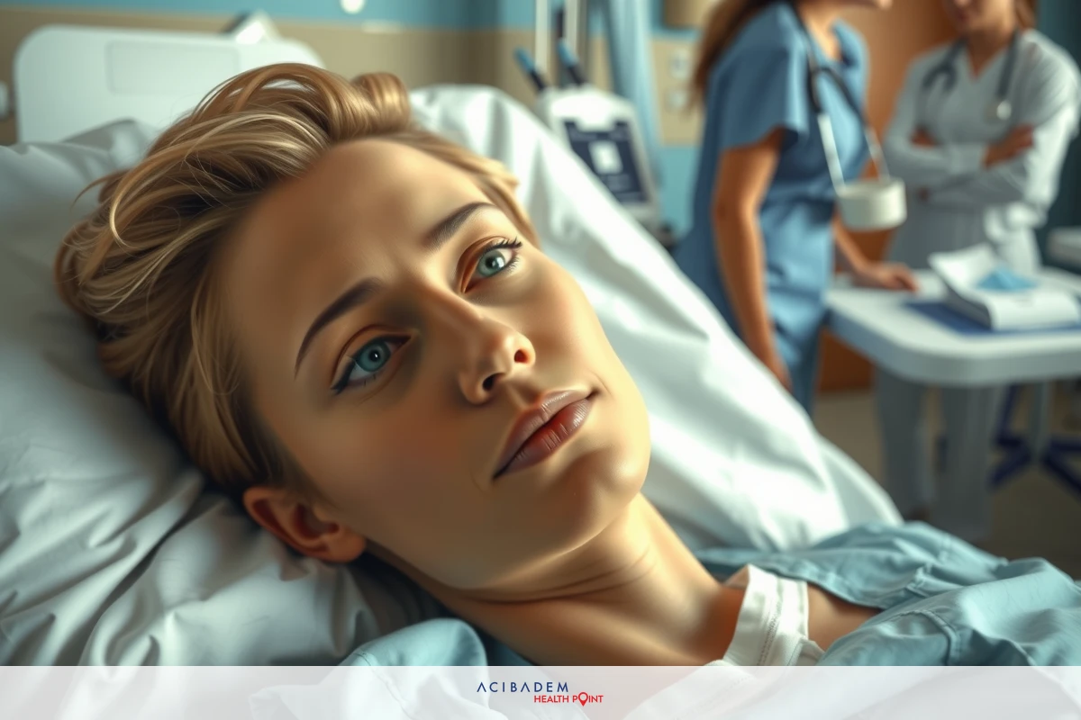 The image depicts a hospital setting with a patient lying on a bed. The patient appears to be in a medical facility due to the presence of healthcare professionals wearing scrubs and standing around, suggesting an emergency or care scenario.