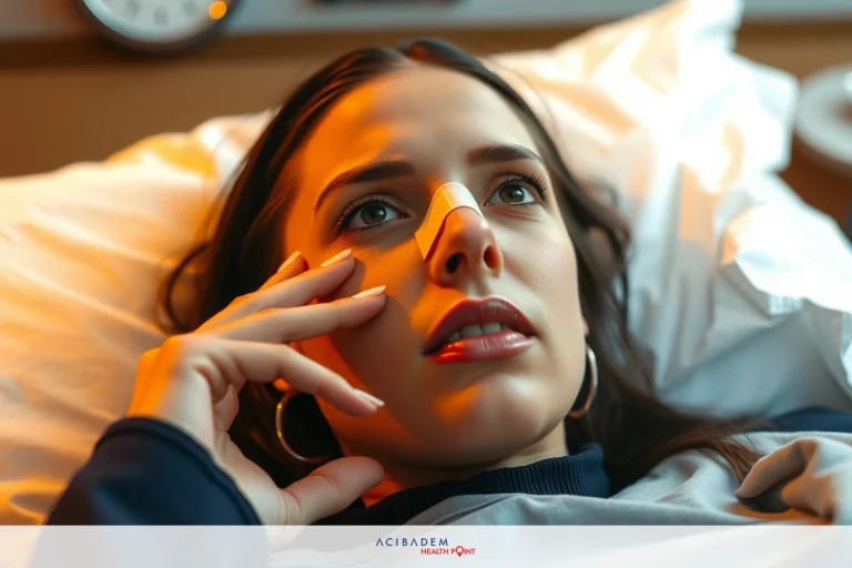 When Can You Pierce Your Nose After Rhinoplasty A woman lying in a hospital bed, looking tired and concerned. She is touching her face with one hand.