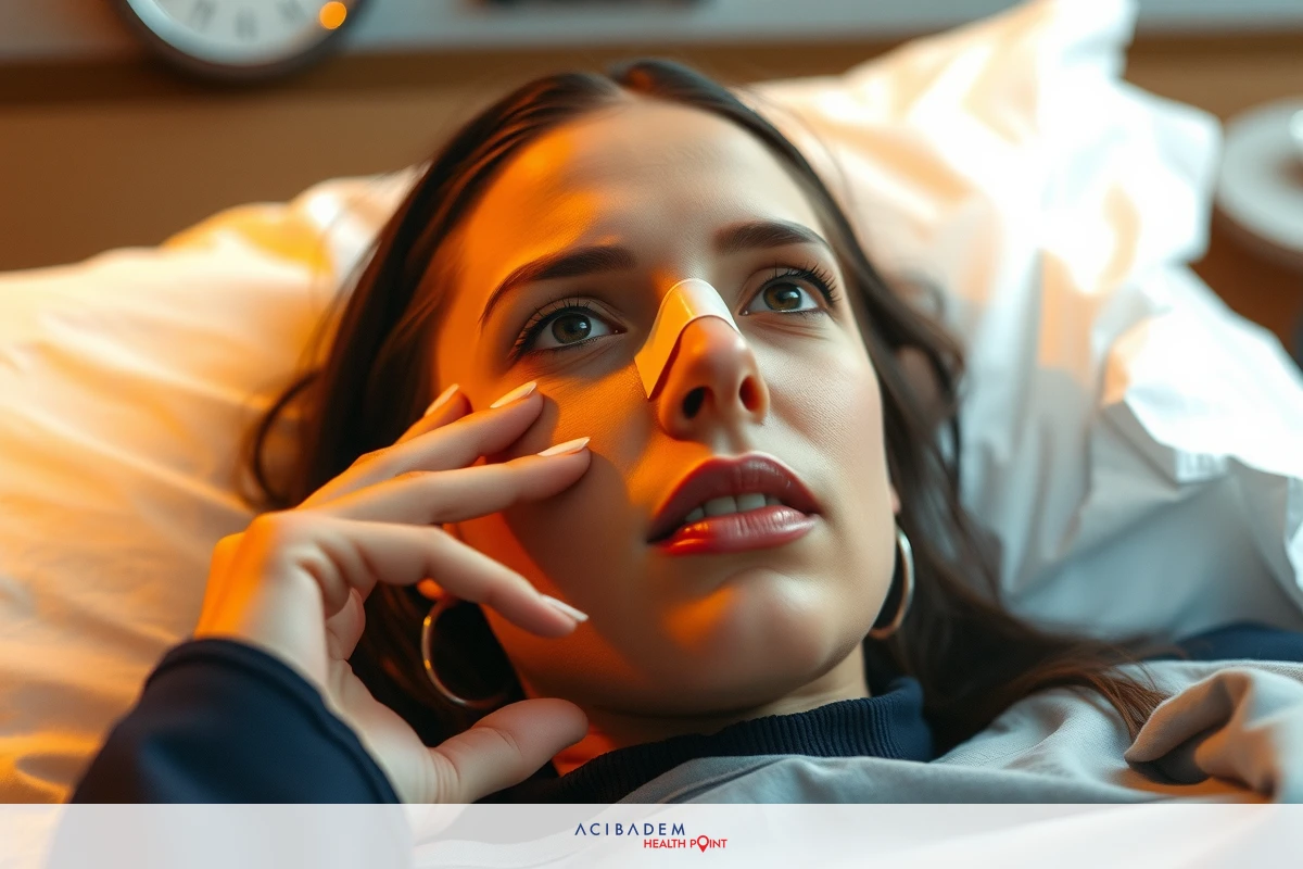 A woman lying in a hospital bed, looking tired and concerned. She is touching her face with one hand.