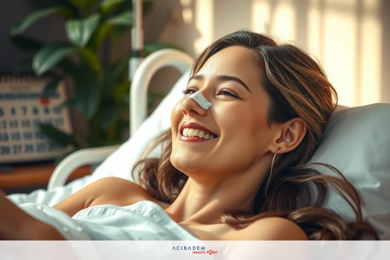 The image features a young woman lying in a hospital bed, smiling and seemingly content. She appears to be receiving some type of medical treatment as indicated by the bandage on her nose. The room is brightly lit with warm tones, creating a comfortable atmosphere.