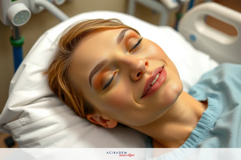 A woman in a medical setting, lying and eyes closed, wearing light makeup and a grey sweater. Her facial expression is serene. The environment suggests she might be receiving some form of treatment or care.