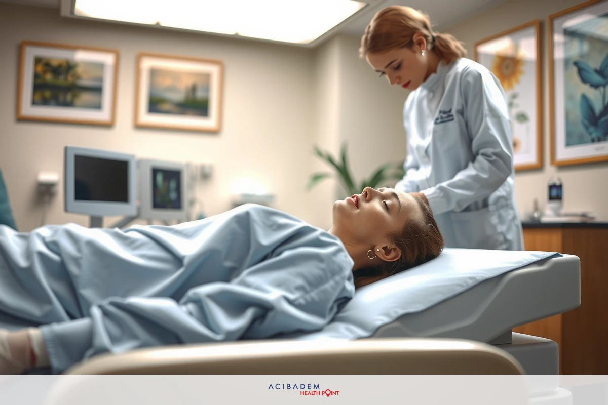 In an indoor medical setting, a female surgeon is attentively observing and examining the face of a patient lying on a hospital bed. The woman in scrubs appears to be a medical professional. They are seated at a table with medical equipment and charts indicating a clinical or pre-operative environment.