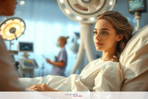 A woman in a hospital bed, receiving medical attention. She is being assessed by healthcare professionals while lying down on the hospital bed.
