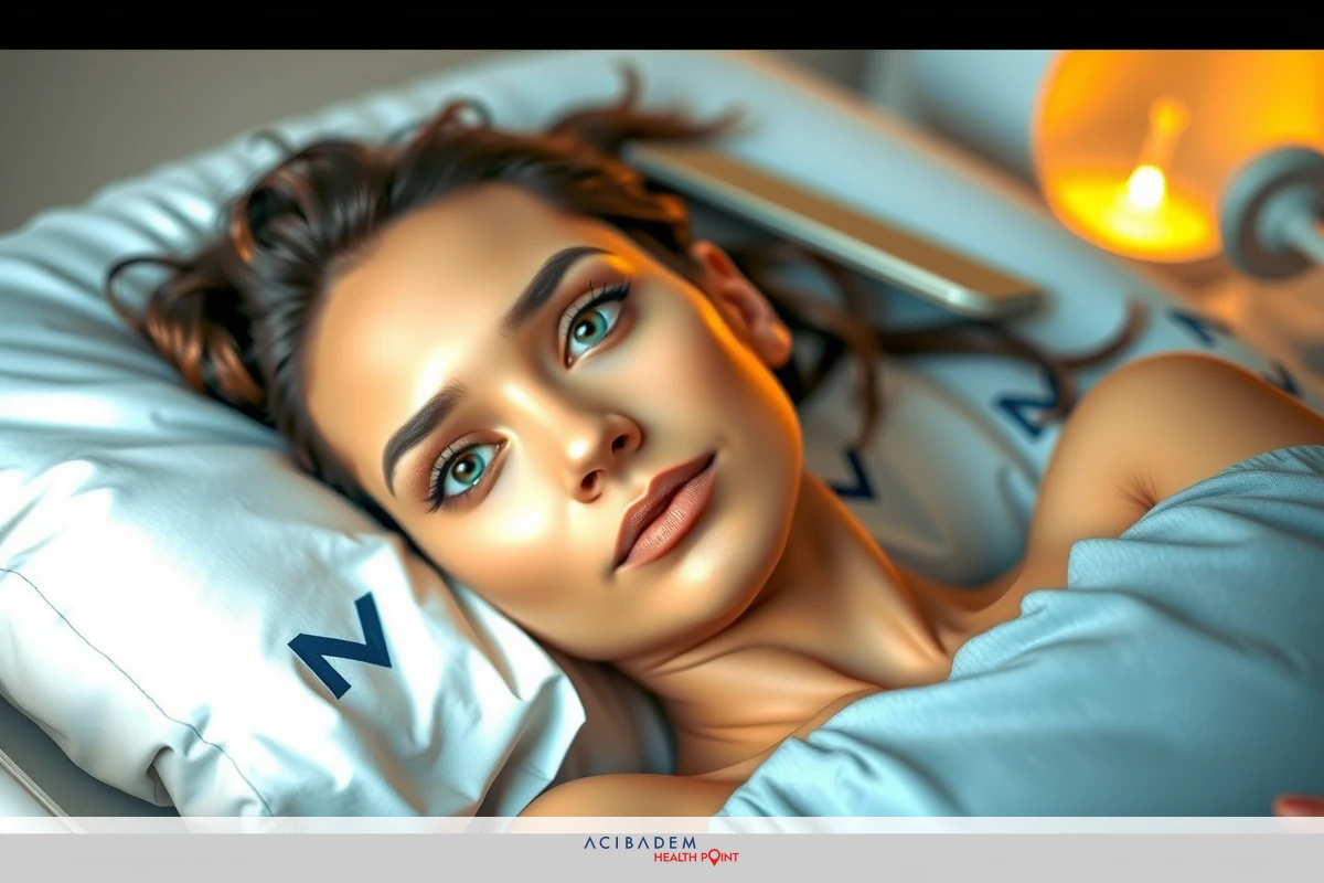 The image features a woman lying on a hospital bed. She appears to be in distress or discomfort, indicated by her facial expression. The setting is clinical with sterile white walls and equipment typical of a medical environment.