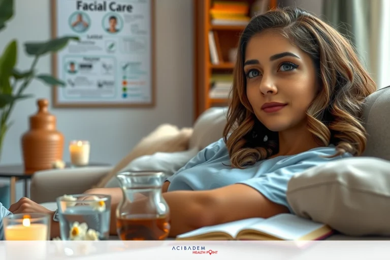 The image depicts a young woman in a cozy environment, possibly at home. There are teacups nearby, suggesting she might be sipping tea while reading. The room has warm lighting from a soft lamp in the background. The scene conveys a sense of relaxation and leisure time.