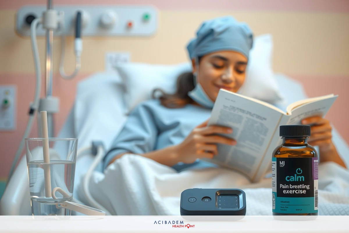 In the image, a patient is seen laying in a hospital bed. She appears to be reading a book and has several medications near her on the table. The room has medical equipment visible, indicating that she might be undergoing treatment or recovering from an illness.