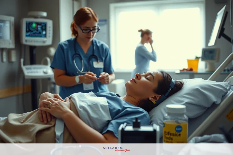 How Painful is Gastric Sleeve? The image depicts a hospital scene where a woman is lying on a bed, receiving medical attention. A nurse or doctor is at the bedside with a stethoscope around her neck and is intervening or helping the patient. The environment suggests a sterile, clinical setting typical of a hospital room.