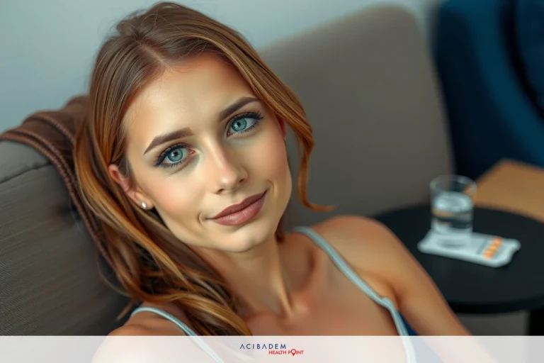 A woman relaxing on a couch, smiling at the camera. She is dressed in a sleeveless top and has her hair casually styled. The room has a neutral color palette with blues and grays dominating the space.