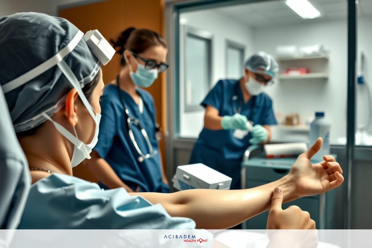 Medical professionals performing medical procedures. Surgical masks, gloves and scrubs indicate sterile environment. Focus on hands in action. White background suggests cleanliness indicative of a medical facility.