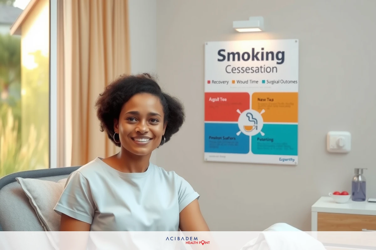 The image shows a woman sitting in what appears to be a clinic or healthcare facility. She is smiling and looking directly at the camera. Behind her, there's an informational poster on the wall that reads 'SMOKING CESSATION'. The environment suggests a professional medical setting with neutral colors.