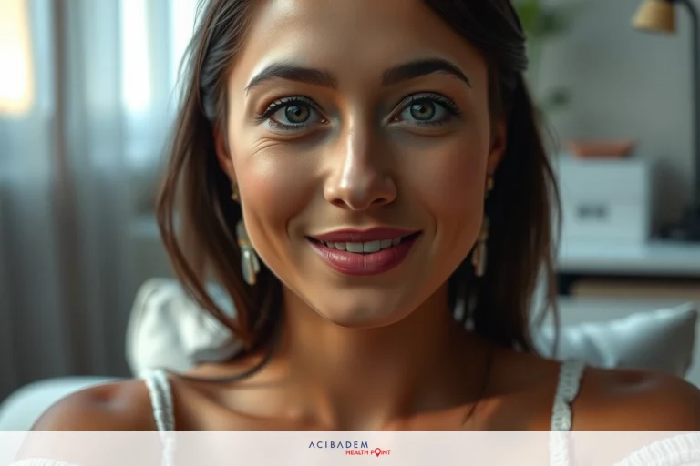 The image depicts a woman with long hair and a smiling expression. She has large eyes, wearing makeup that highlights her eyeliner and lips. The woman is indoors, seemingly in a casual setting, wearing a light-colored top and dangling earrings.