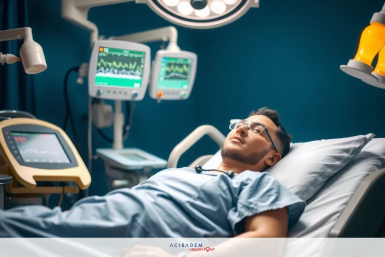 Is Rhinoplasty Done Under Local or General Anesthetic? The image depicts a man lying in a hospital bed, hooked up to medical equipment. He appears to be in a clinical setting, likely for diagnostic or treatment purposes.